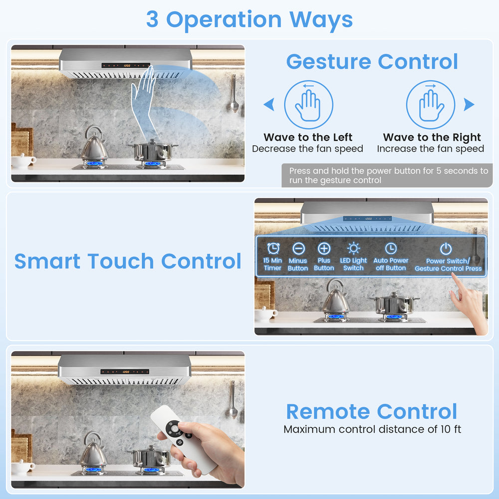 Under cabinet range hood with gesture, touch, and remote control; 900 CFM airflow and 4 fan speeds for efficient.