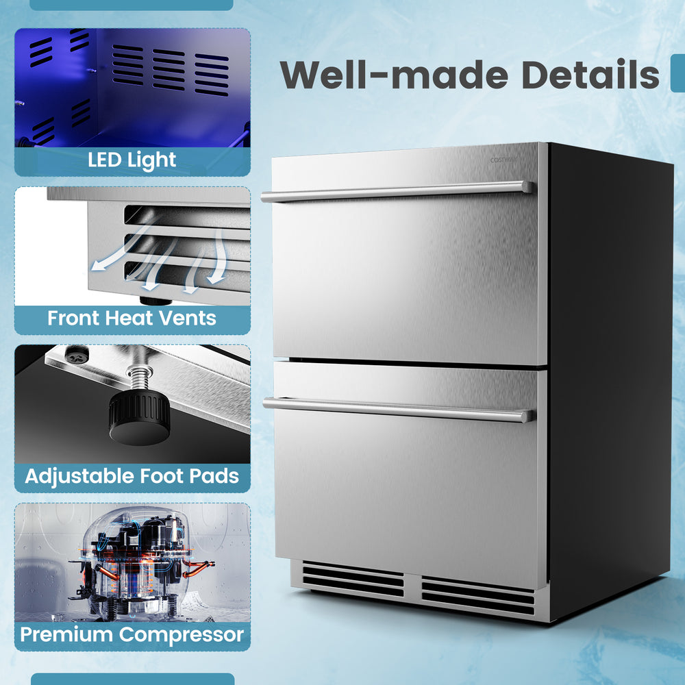 24-inch under counter dual drawer fridge in silver with LED light, adjustable foot pads, and front heat vents for easy.