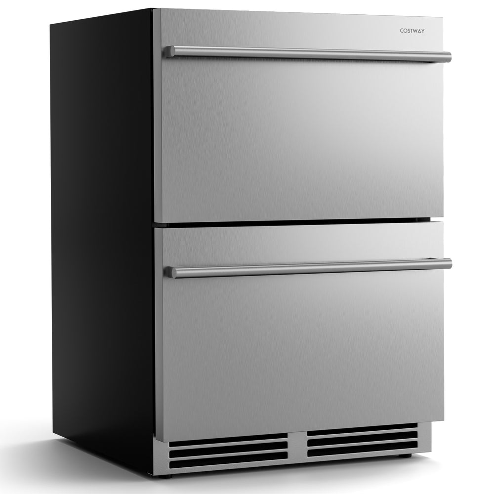 24-inch under counter dual drawer fridge in silver with 4.9 cu ft capacity, adjustable temperature, and LED light.