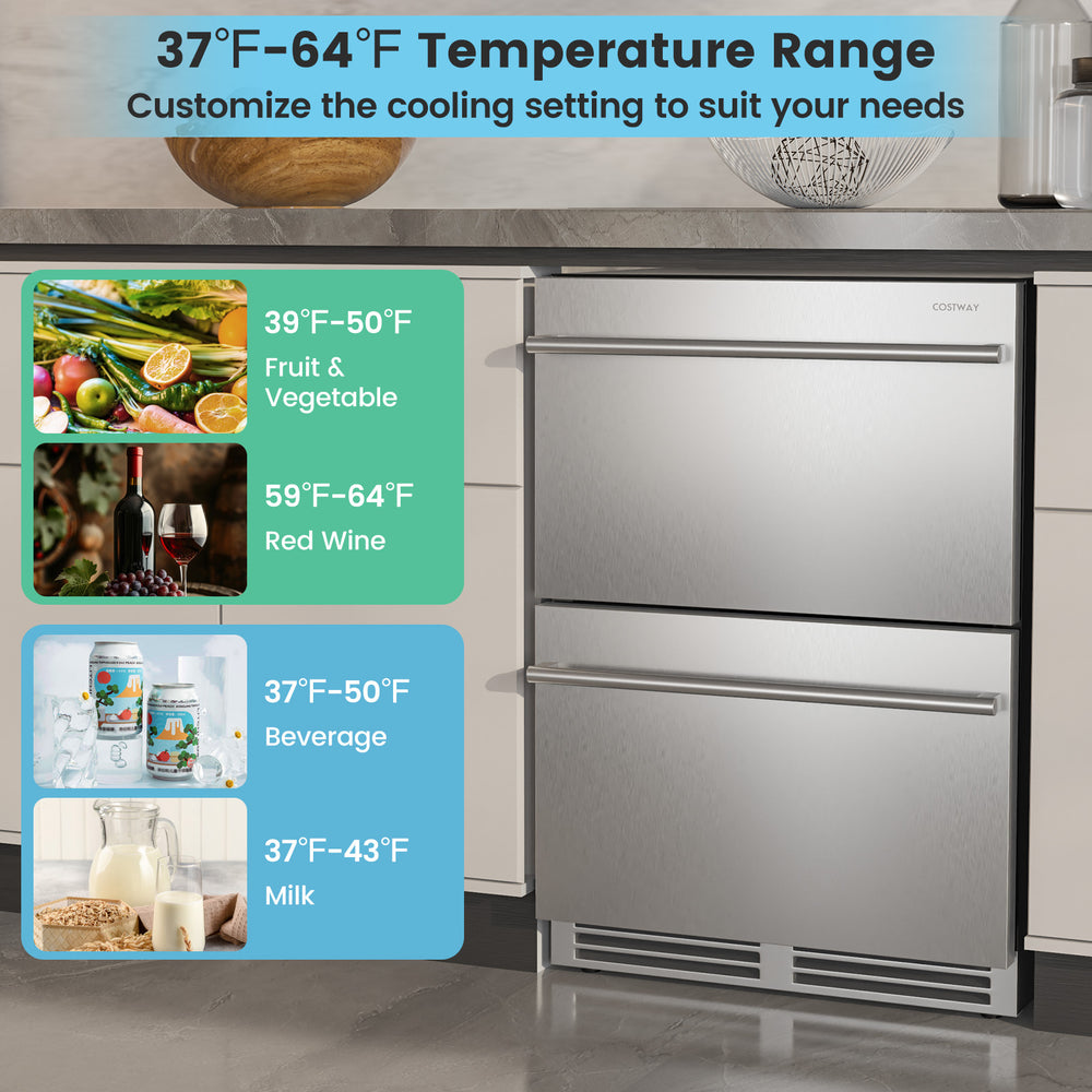 24-inch under counter dual drawer fridge in silver with customizable 37℉-64℉ temperature range for beverages.