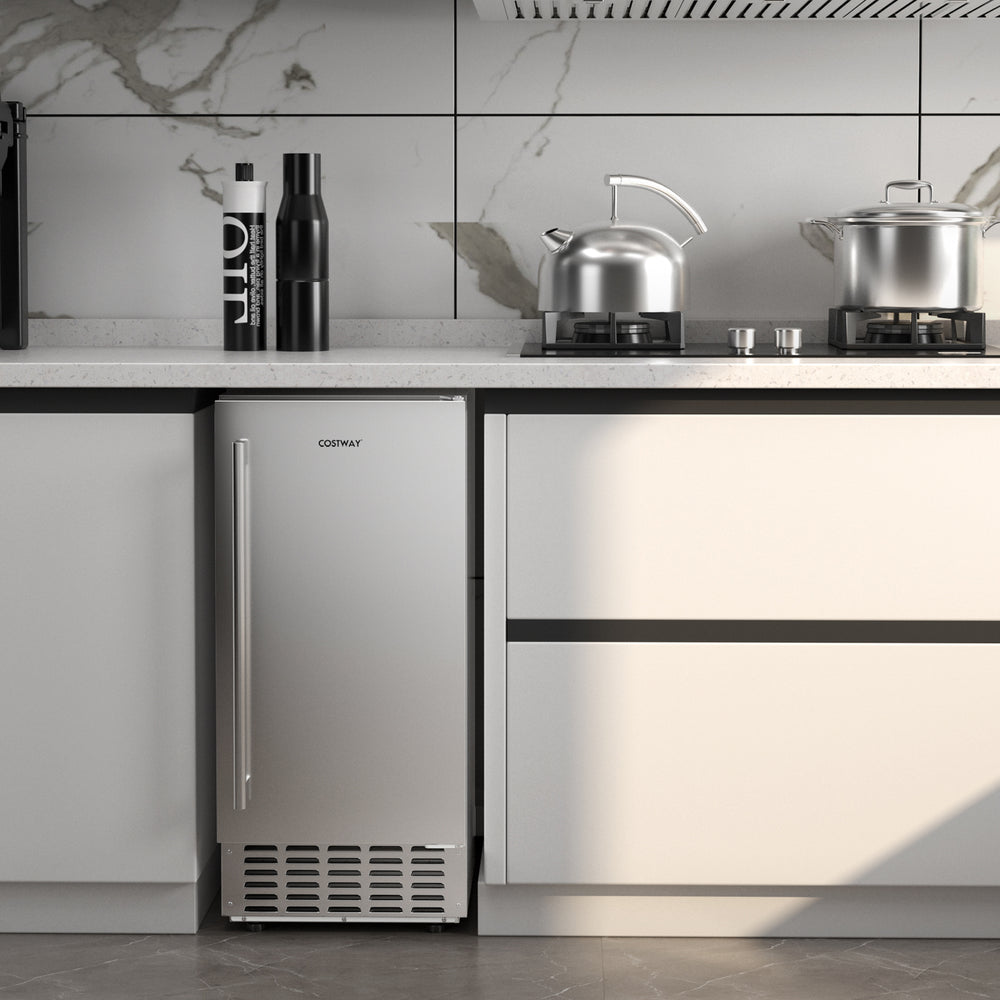 Under counter nugget ice maker in silver, featuring a self-cleaning function and 80 lbs daily ice capacity for.