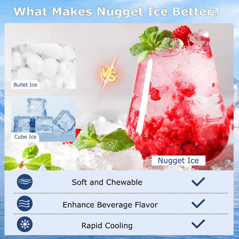 Nugget ice maker in silver with clear LCD panel, producing soft chewable ice for beverages, suitable for under counter.