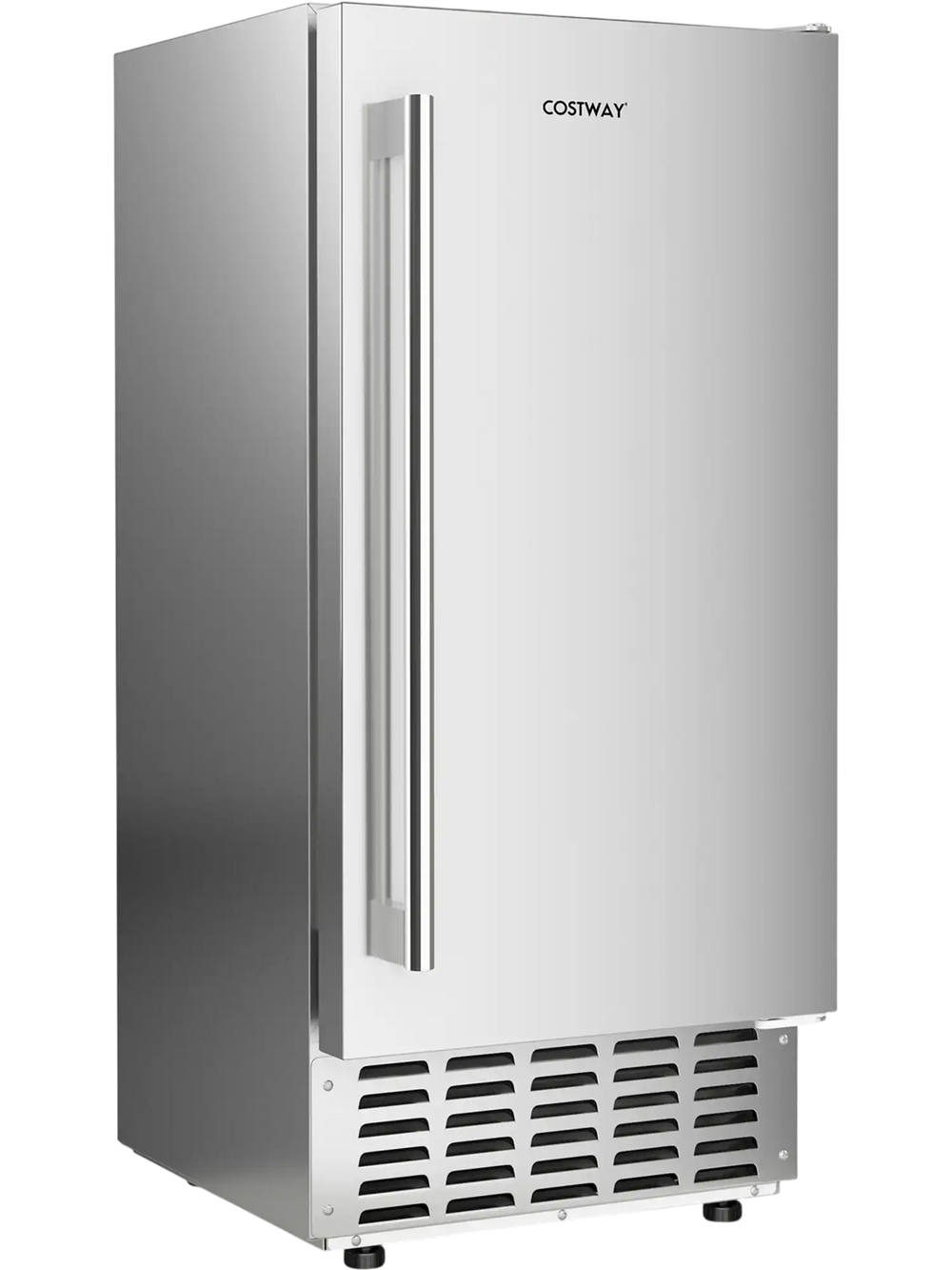 Under counter nugget ice maker in silver with stainless steel finish, featuring a clear LCD panel and self-cleaning.