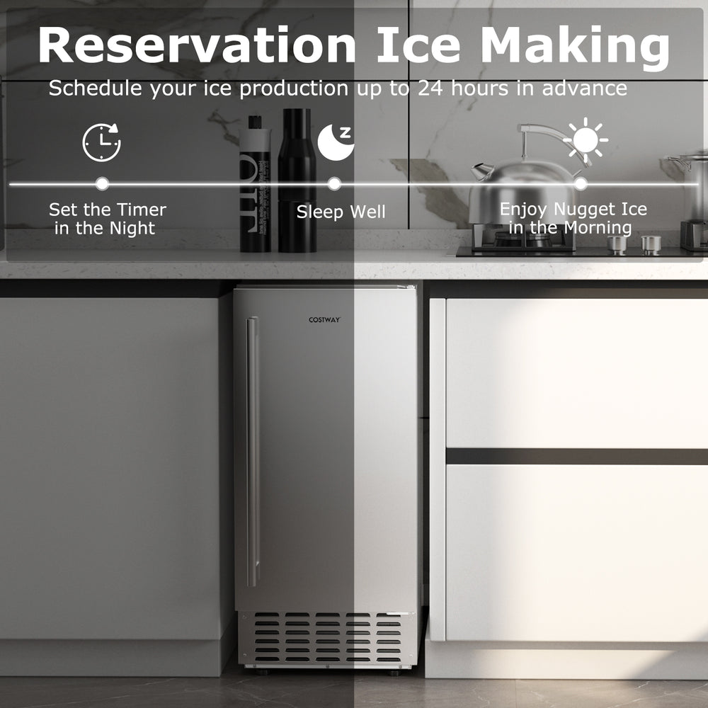Under counter nugget ice maker in silver with LCD control panel, 80 lbs daily capacity, and self-cleaning feature.
