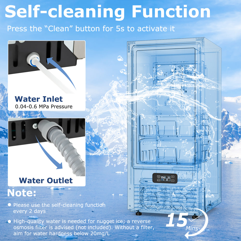 Under counter nugget ice maker with self-cleaning function, 80 lbs daily capacity, and clear LCD control panel.