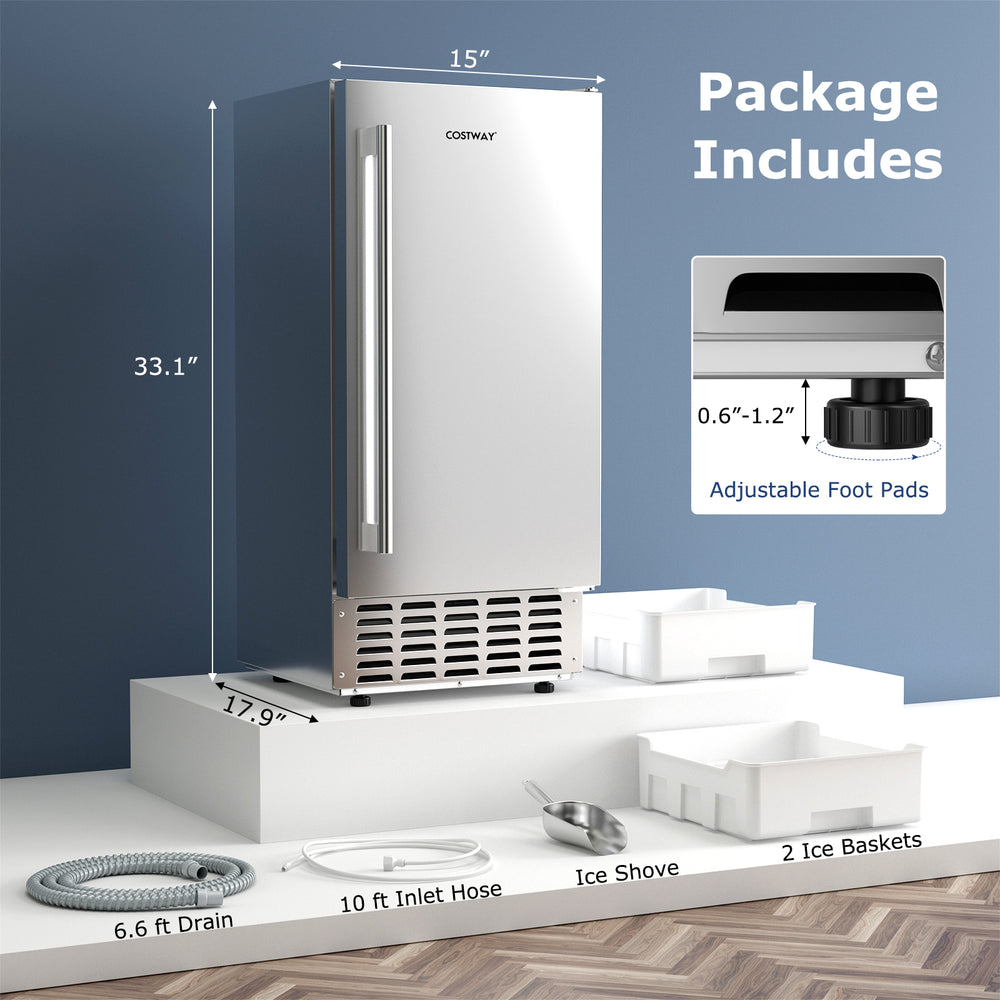 Under counter nugget ice maker in silver with adjustable foot pads, 80 lbs daily capacity, and self-cleaning feature.