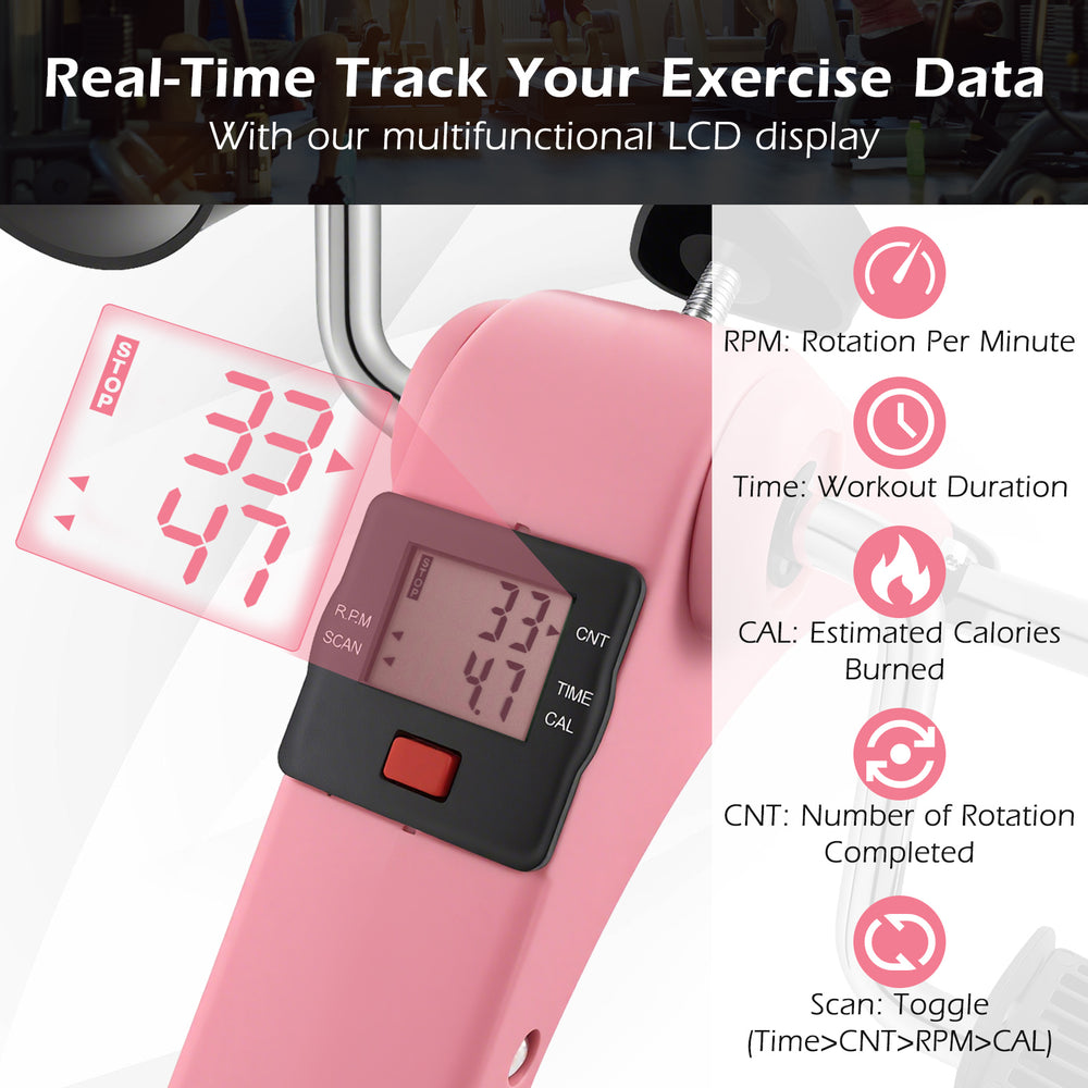 Close-up of the pink under desk exercise bike's LCD display showing RPM and calories burned for real-time workout.