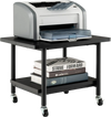 Under desk printer stand in black with wheels, featuring a storage shelf and robust metal frame for 125 lbs capacity.