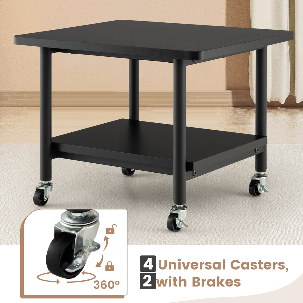 Black under desk printer stand with 4 wheels, locking mechanism, and storage shelf for organized space.