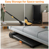 Under desk walking pad treadmill with watch-like remote, 5-inch thickness for easy storage in home or office.