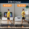 Under desk walking pad treadmill in jogging mode, featuring a 7-layer running belt and watch-like remote control for.