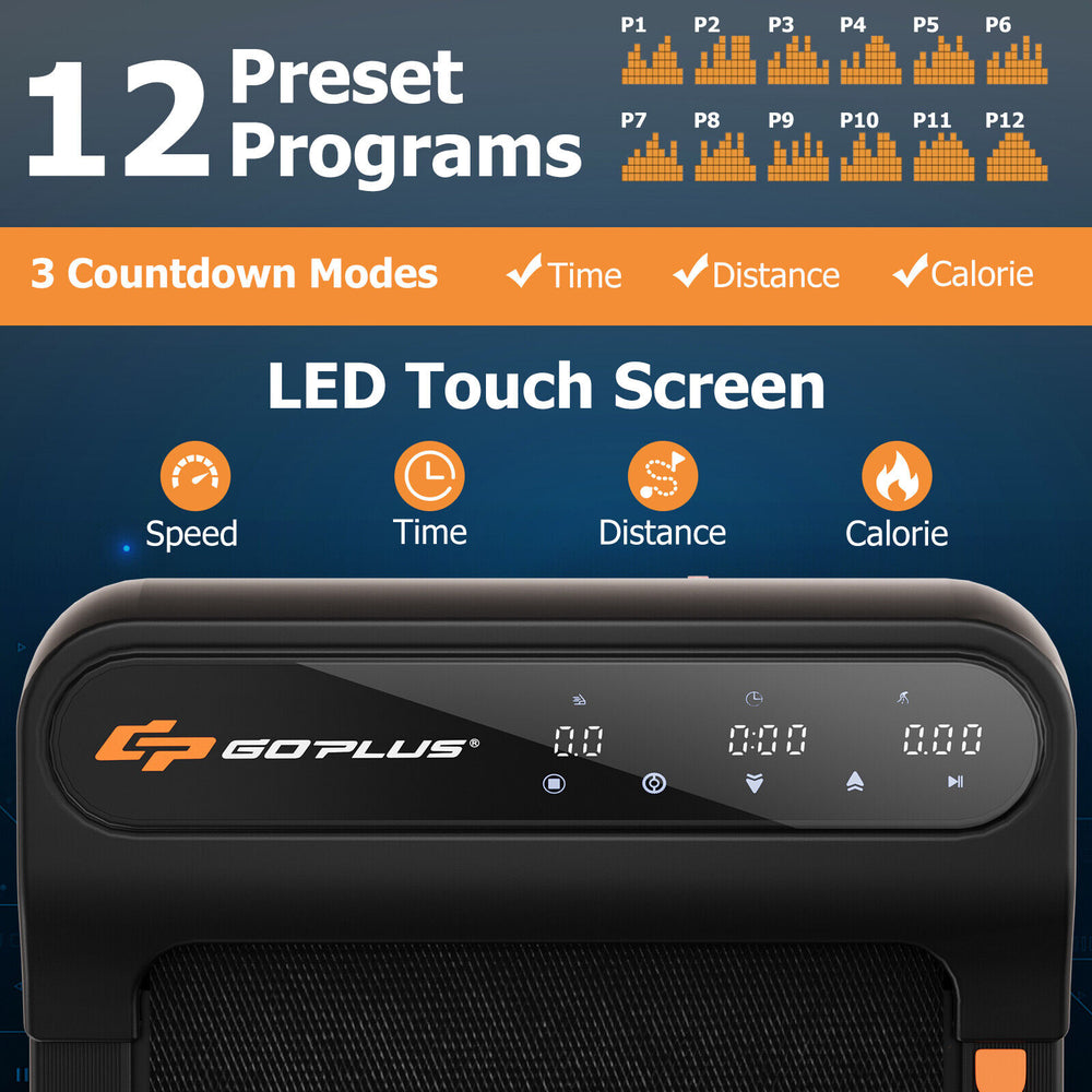 Under desk walking pad treadmill with LED touch screen, 12 preset programs, and watch-like remote control for.