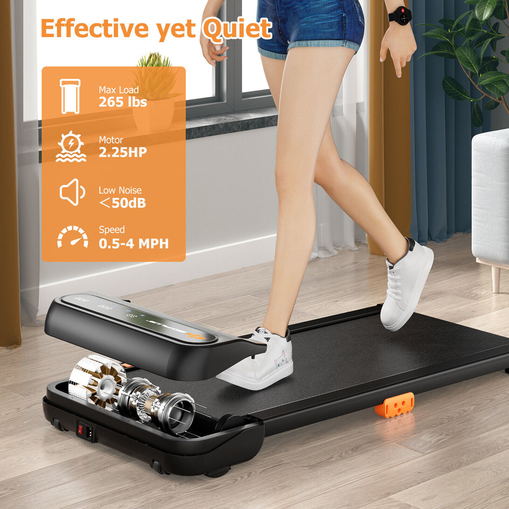 Under desk walking pad treadmill with 2.25HP motor, 265 lbs capacity, and watch-like remote for home or office use.