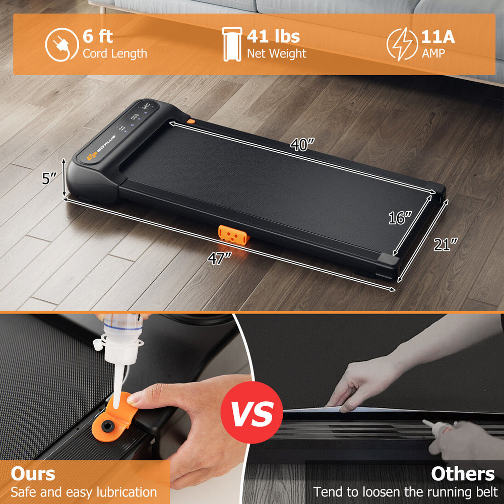 Under desk walking pad treadmill with 7-layer running belt, watch-like remote, and 265 lbs capacity for home or office.