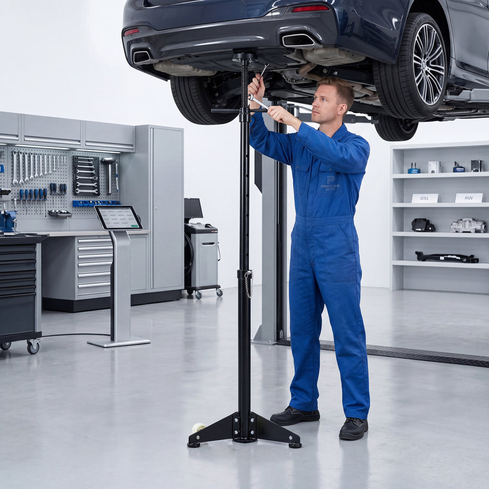 Underhoist support stand in black with flexible height adjustment, designed for vehicle component support and stability.