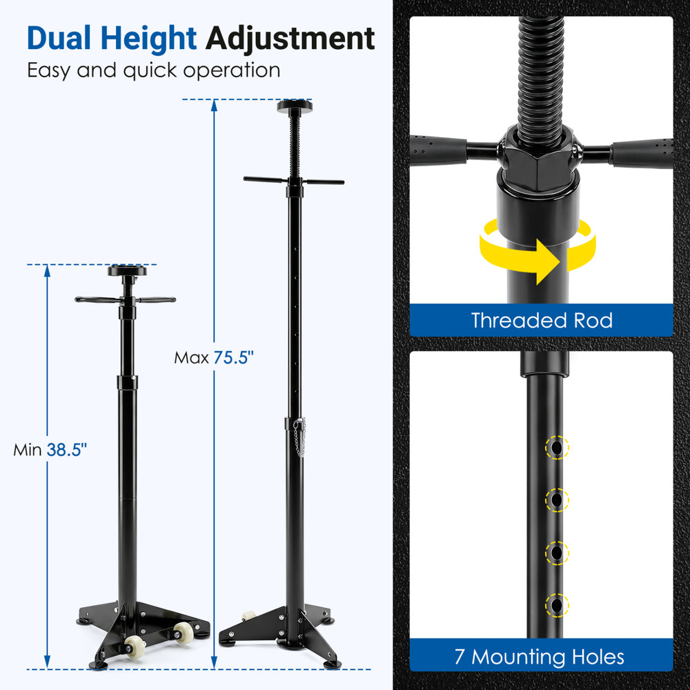 Underhoist support stand in black and red features dual height adjustment from 38.5" to 75.5" for vehicle component support.