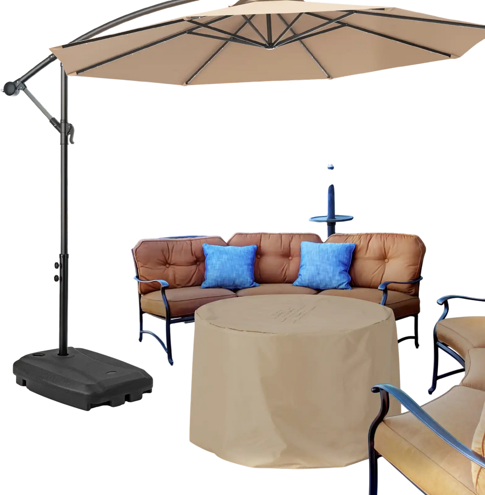 Fillable universal offset umbrella base in black with cross base and wheels, ideal for patio and poolside use.