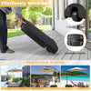 Fillable black umbrella base with wheels and handles for easy movement, suitable for patio, poolside, and beach use.