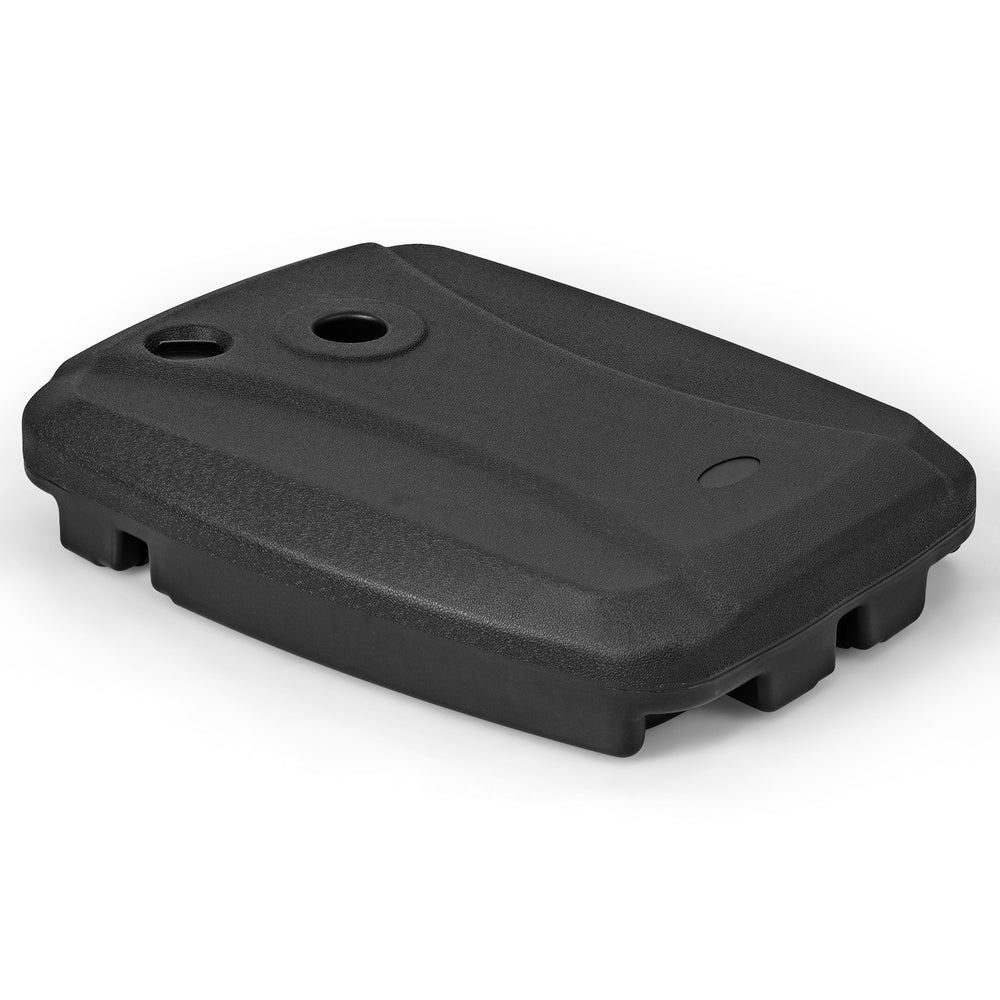 Fillable black umbrella base with cross base and wheels for stability, suitable for offset umbrellas and outdoor use.