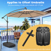 Fillable universal offset umbrella base in black with cross base and wheels, designed for 1.9" umbrella poles, ideal.