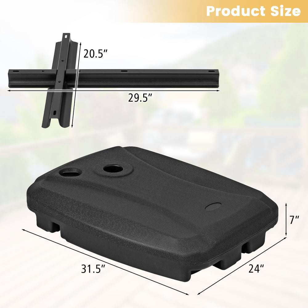 Fillable black umbrella base with cross base and wheels, designed for stability and easy movement, suitable for patio.