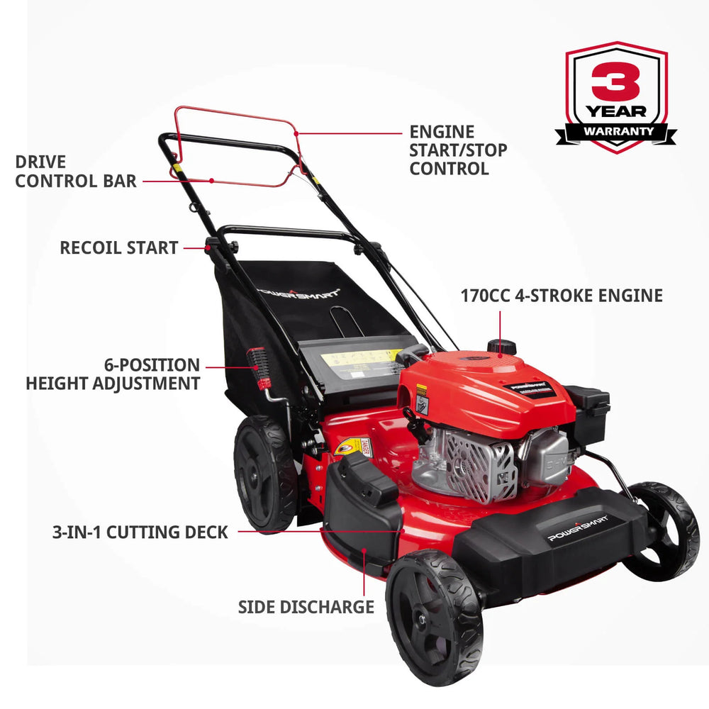 Powersmart DB8621AS 3-In-1 Lawn Mower 21" Self-Propelled 170cc Gas Engine Red Used
