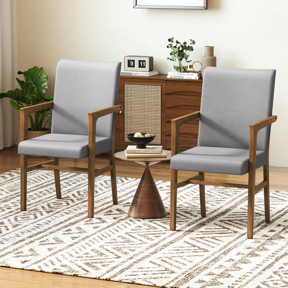 Set of 2 gray upholstered accent chairs with solid rubber wood frame and high back, perfect for living rooms or dining.