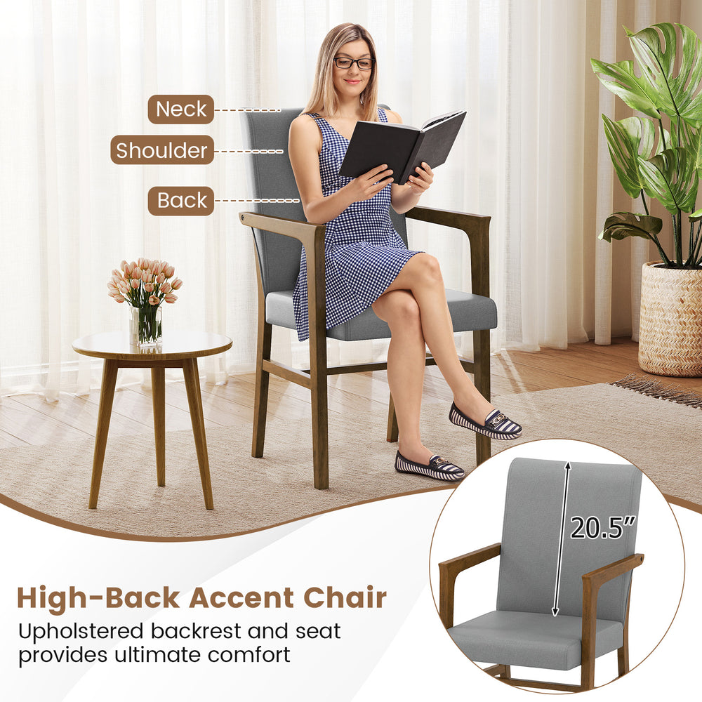 High-back upholstered accent chair in gray with solid wood frame, ideal for living rooms and bedrooms.