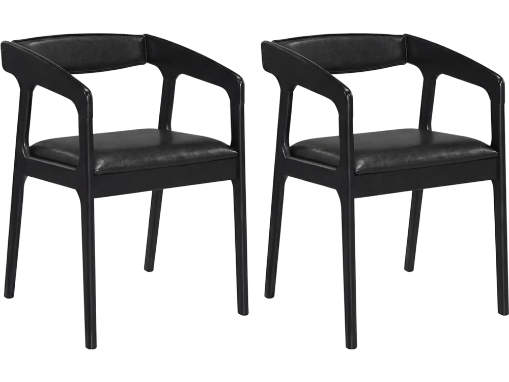 Set of 2 black upholstered armchairs featuring a cozy backrest and padded seat cushions for comfortable seating.