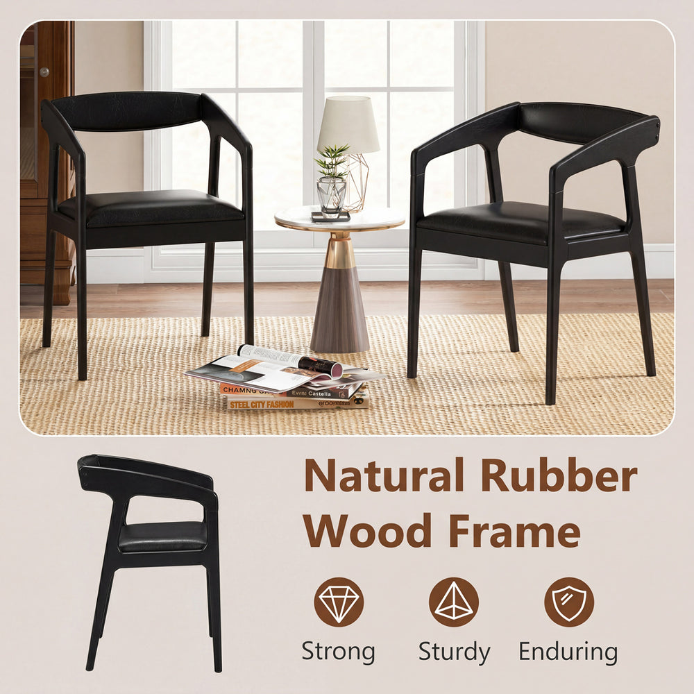 Upholstered armchairs set of 2 with black padded seat cushions and natural rubber wood frame for stylish seating.