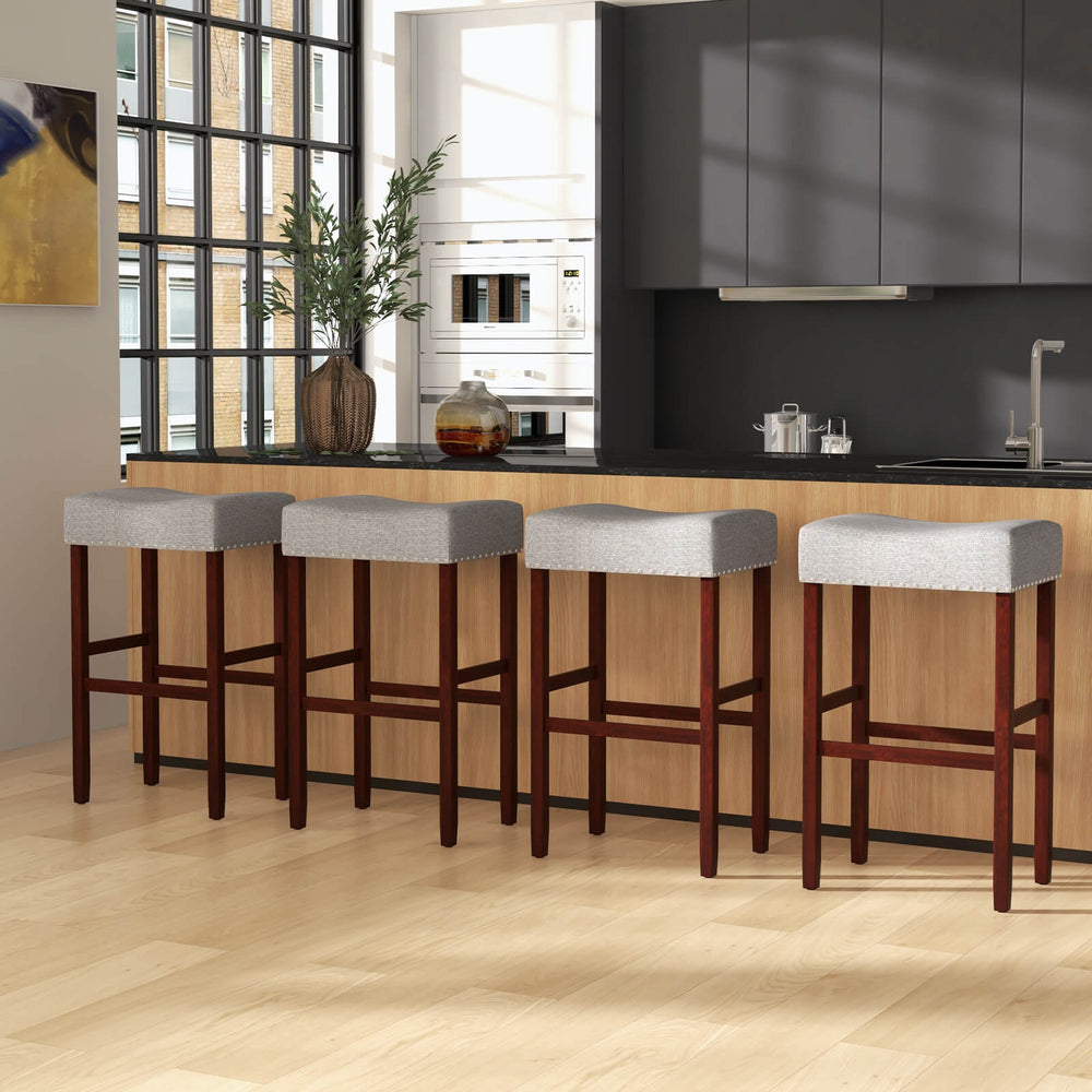 29 Inch Set of 2 Height Upholstered Bar Stool with Solid Rubber Wood Legs and Footrest-Gray - Gallery View 1 of 10