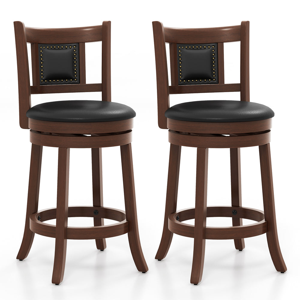 Set of 2 25.5-inch upholstered bar stools with curved backrest, rubber wood frame, and vintage design for home bar use.