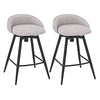 Single gray upholstered bar stool with footrest and backrest, featuring a smooth swivel seat and sturdy black metal.