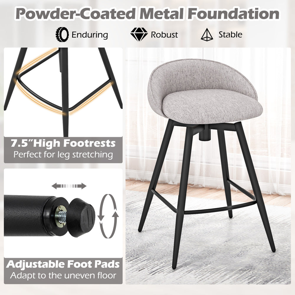Gray upholstered bar stool with backrest, powder-coated metal foundation, and 7.5" footrest for kitchen or cafe use.