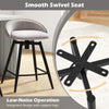 Upholstered bar stool with gray linen fabric, smooth swivel seat, and sturdy black metal base for kitchen or cafe use.
