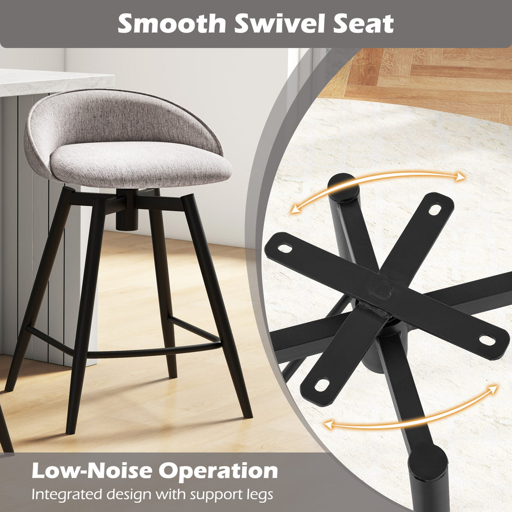 Upholstered bar stool with gray linen fabric, smooth swivel seat, and sturdy black metal base for kitchen or cafe use.