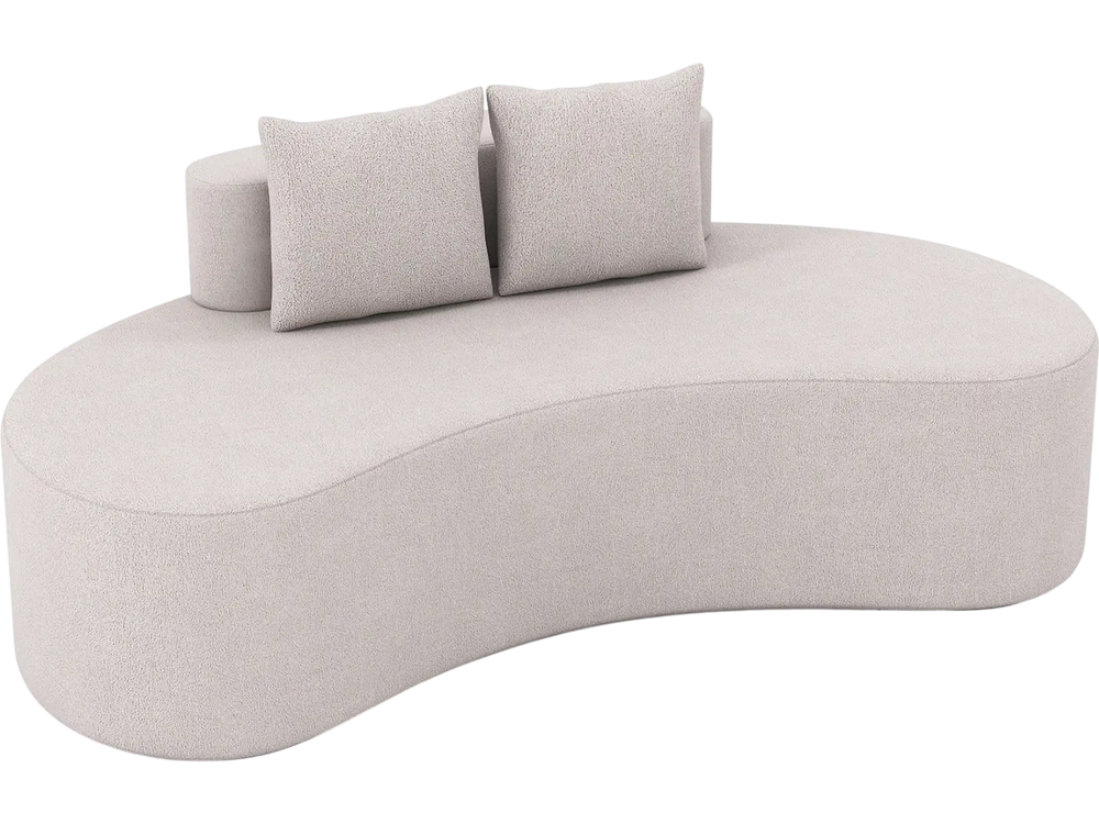 Curved gray upholstered sofa with two cozy pillows, designed for comfort and style in living rooms or offices.