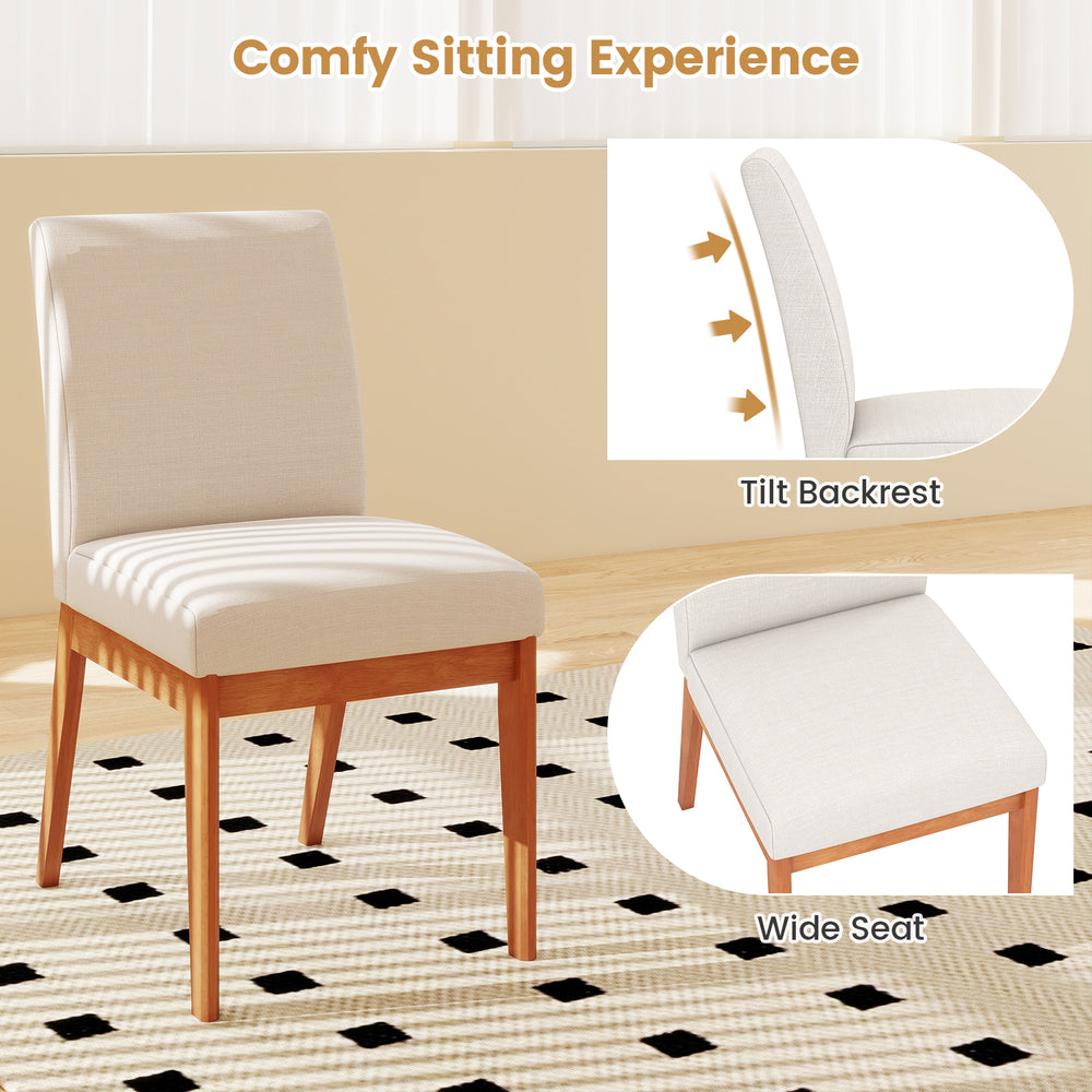 Beige upholstered dining chair with rubber wood legs, featuring a wide seat and tilt backrest for comfort.