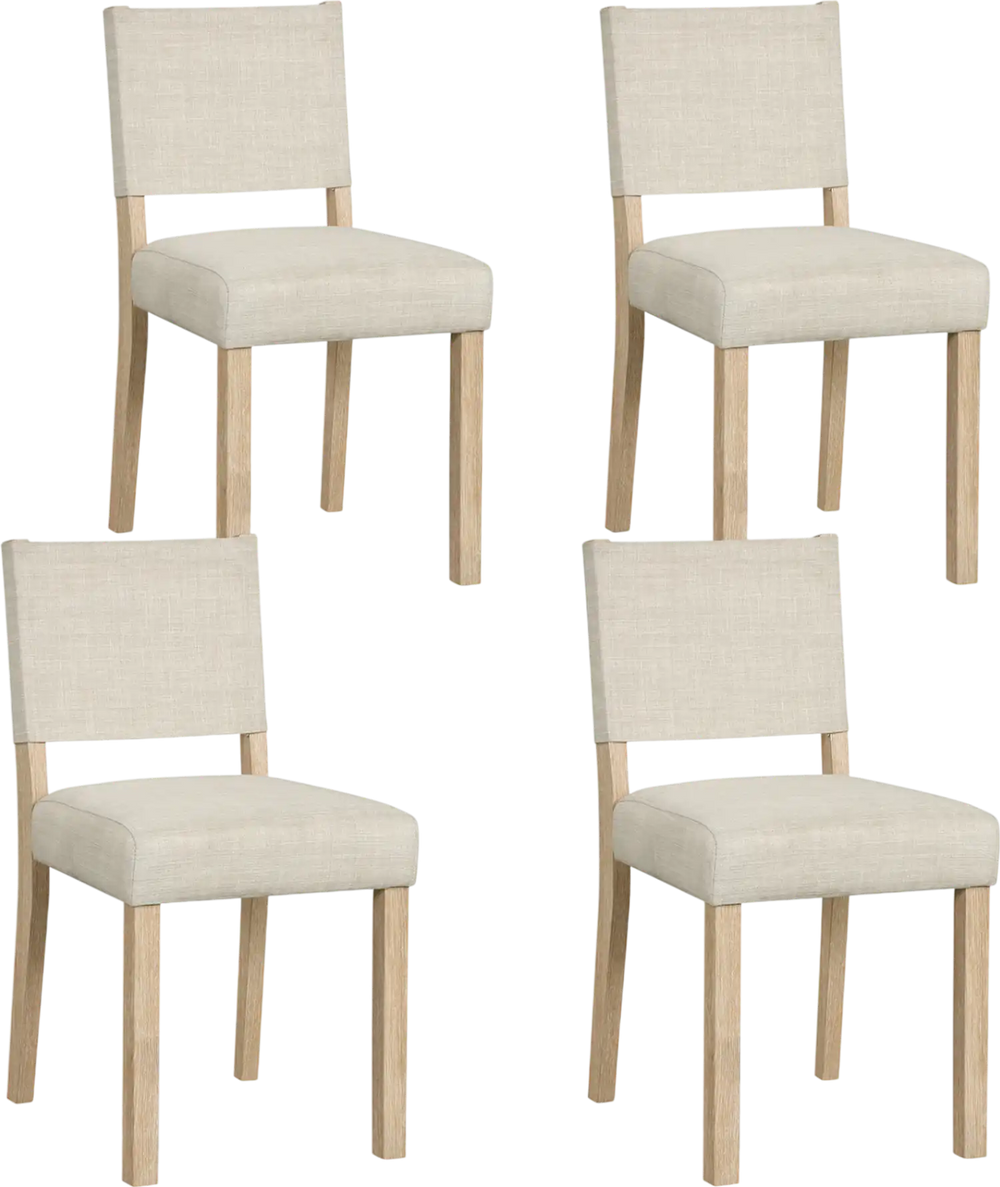 Set of 4 upholstered dining chairs in beige with solid rubber wood legs, featuring ergonomic backrests for comfort.