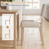 Upholstered dining chair with solid rubber wood legs features an ergonomic inclined backrest for comfortable extended use.