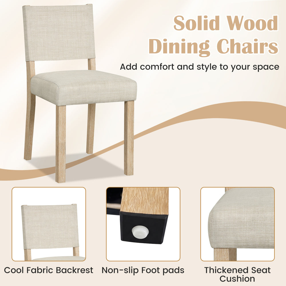 Upholstered dining chair with solid rubber wood legs, beige fabric, and thickened seat cushion for comfort and style.