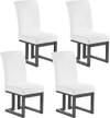 Set of 4 white upholstered dining chairs with rubber wood legs, featuring padded seats and channel tufted design for comfort.