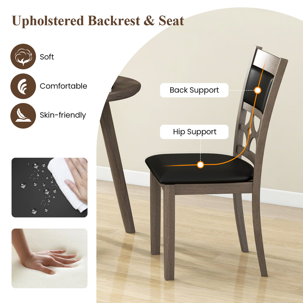Upholstered dining chair with gray padded backrest and seat, featuring a solid wood frame for durability and comfort.