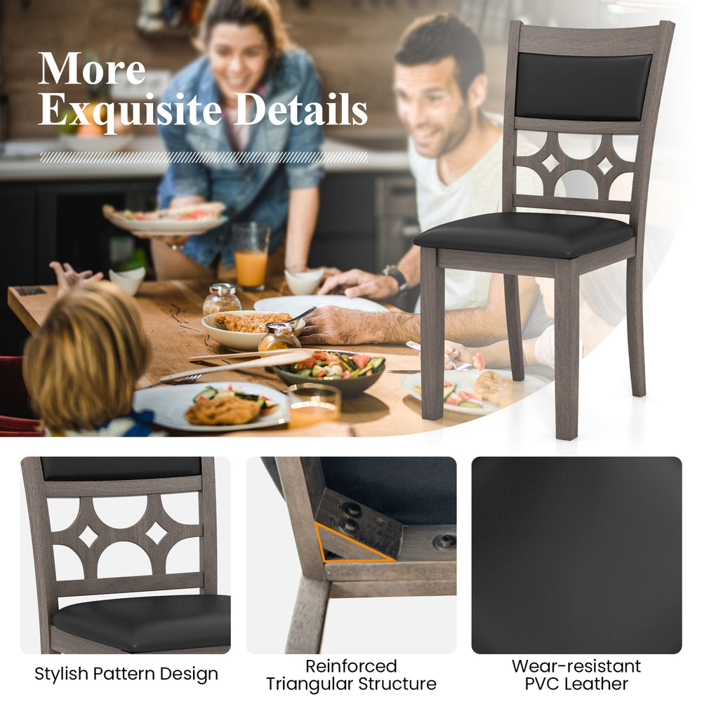 Upholstered dining chair with stylish patterned backrest, gray PVC leather, and solid wood frame for dining room use.