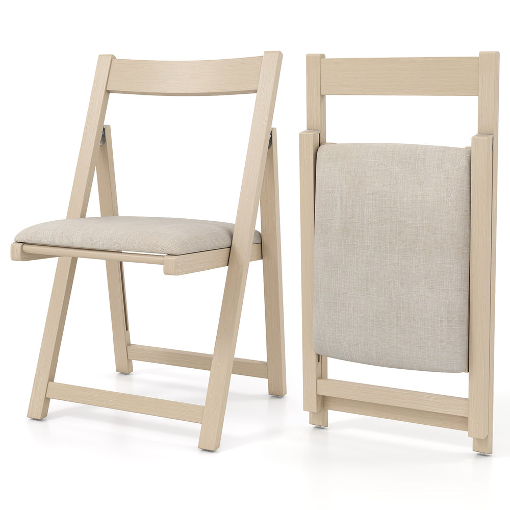 Folding upholstered dining chair with curved backrest in beige, featuring a sturdy rubber wood frame for easy storage.