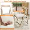 Folding upholstered dining chair with curved backrest, beige linen fabric, and high-density sponge cushion for comfort.