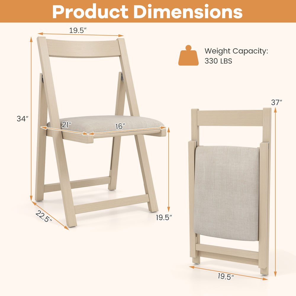 Folding upholstered dining chair dimensions with curved backrest, beige fabric, and sturdy rubber wood frame for easy.