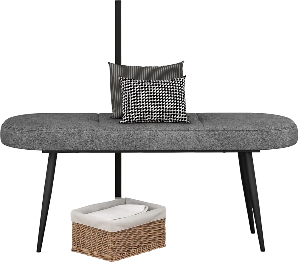 Gray upholstered entryway bench with heavy-duty metal frame, featuring button tufting and a cozy cushion for.