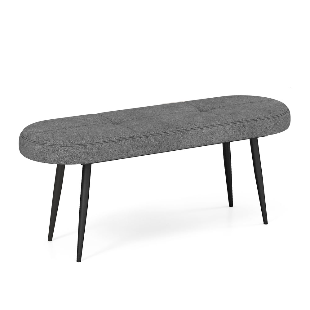 Gray upholstered entryway bench with button tufting and heavy-duty metal frame, ideal for entryways or bedrooms.