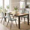 Gray upholstered dining chairs with sturdy metal legs and curved backrests, perfect for modern dining rooms and kitchens.